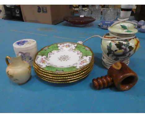 A Moorcroft lidded jar 5 Coalport Plates, Royal Worcester Jug, Maling Lamp and Walnut Nut Cracker   