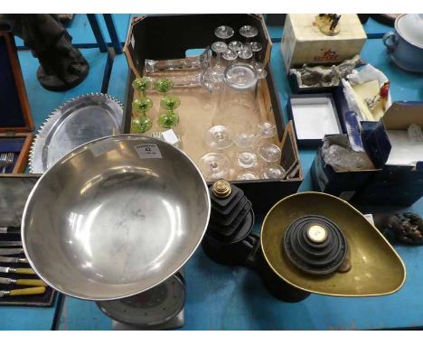 A Set of vintage cast iron kitchen scales &amp; weights and a modern set of Salter scales witha box of general table glass