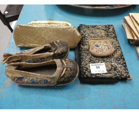 Gilt chain mail clutch bag, One other Tapestry purse and a pair of Chinese shoes