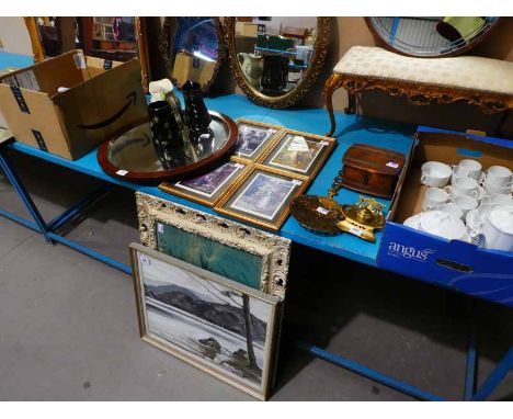 Qty ceramic tableware, brass, wooden box, mirror, pictures and prints