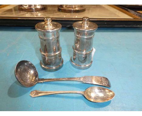 A pair of silver hallmarked Pepper Mills, a small silver hallmarked Ladle and a silver&nbsp;Hallmarked Teaspoon&nbsp;&nbsp;