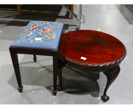 A mahogany circular Coffee Table and a tapestry top Dressing Stool 