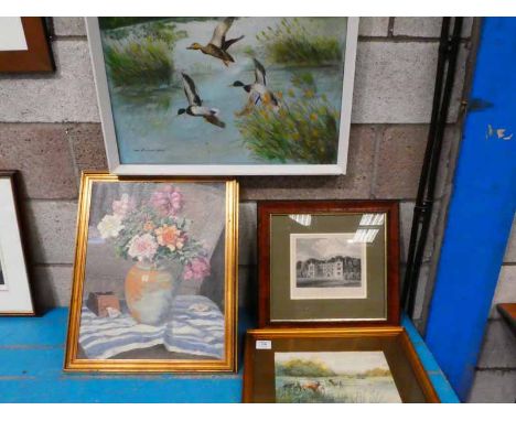 Edward Ward, Ducks in Flight oil on canvas, 2 other paintings and Browsholme Hall Print