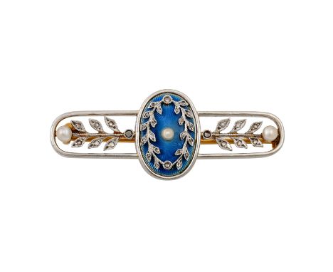   Belle Époque Brosche mit kleinen Perlen  sowie Diamantrosen, GG 18K, Schauseite Platin, 6,1 gr, tlw. guillochiert u. blau e