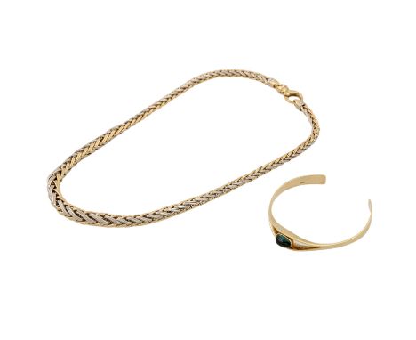   Schmuckkonvolut 2-teilig,  GG 14K, 49,6 g, Händlerkonvolut bestehend aus 1 Armreif und 1 Kette, z.T. mit Steinbesatz, Gebra