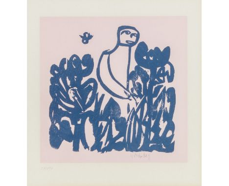   GRIESHABER, HAP (Helmut Andreas Paul, 1909-1981), "Im Garten",  Farbholzschnitt (roséfarben/blau)/Papier, u.re. mit Bleisti