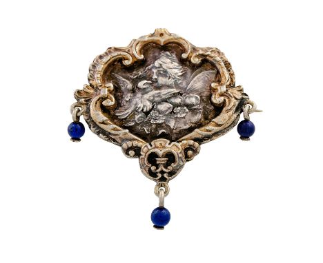   Brosche  aus Silber mit 3 Lapislazulikugeln, 4x3,5 cm, Anfang 19. Jh., Tragespuren, romantisches Portrait mit Vogel und bar