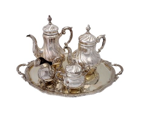   EMIL HERMANN 4-tlg. Kaffee-Teeservice mit Tablett, 925 Silber, 20. Jhd..  Kaffeekanne, Teekanne, Zuckerdose, Milchkännchen 