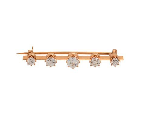   Kleine Stabbrosche mit 5 Altschliffdiamanten, zus. ca. 0,95 ct,  ca. GW (K)/VS-SI, tlw. mit Kerben, RG 14K, 3,6 g, L: 4 cm,