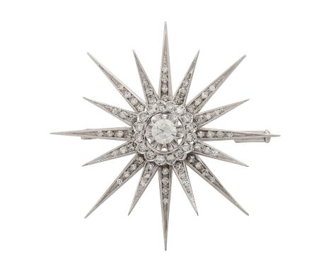   Brosche "Stern" mit Brillanten,  mittig ca. 0,38 ct, ca. LGW-GW (J-K)/VS, weitere Diamanten zus. ca. 0,8 ct, mittl. bis gut