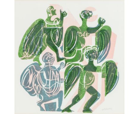   GRIESHABER, HAP (Helmut Andreas Paul, 1909-1981), "Vier Engel",  Farbholzschnitt (rosa/grün/grau)/Papier, u.re. mit Bleisti
