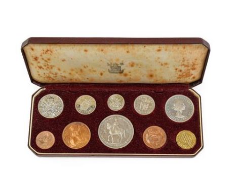 Elizabeth II, Coronation Proof Set 1953, 10 coins farthing to crown in case of issue, heavy foxing on inside of lid, bronze t