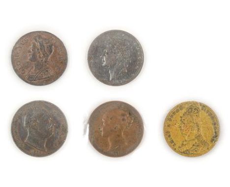 4 x 19th Century Copper Coins comprising: George II halfpenny 1739 very good edge &amp; surfaces with considerable original l