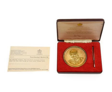 'The Churchill Centenary Picture Medal' a box-medal  (diameter 77mm  (3'')), struck in 22ct gold on sterling silver containin