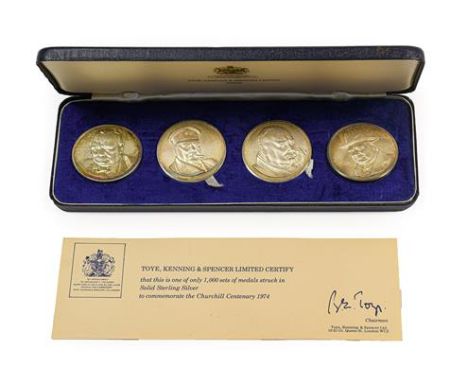 A Set of 4 x Sterling Silver Medals Commemorating the Churchill Centenary 1974, the obverses each depict a different portrait