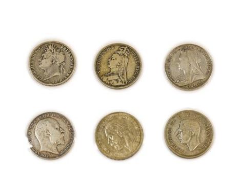 6 x Silver Crowns comprising: George IV 1821 SECUNDO, hairlines &amp; light scratches VG (obv. slightly better), Victoria 188