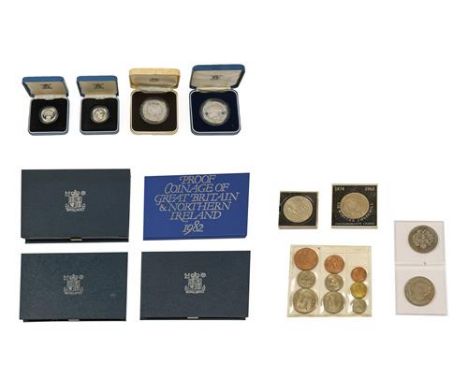 4 x UK Royal Mint Proof Sets: 1982, 1983 with certificate,  1984 no certificate &amp; 1985 with certificate, in cases of issu