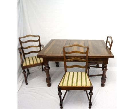 ROSEWOOD DRAW-LEAF DINING TABLE
standing on turned supports, 243.5cm extended, together with six single and one carver rosewo