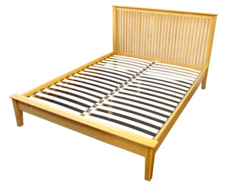 LIGHT OAK KING SIZE BED
with a slatted headboard and sprung slatted wooden base, 164.5cm wide 