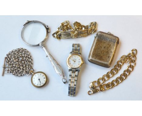 SELECTION OF WATCHES, SILVER AND JEWELLERY
comprising two heavy silver gilt bracelets; a pair of continental silver Lorgnette