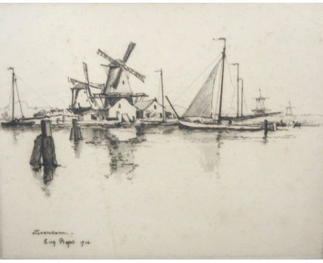 EUGENE BEJOT (French, 1867-1931)
'Zaandam', etching, signed, 15.3cm x 18.2cm, with 'James Connell & Sons, Glasgow' label to v