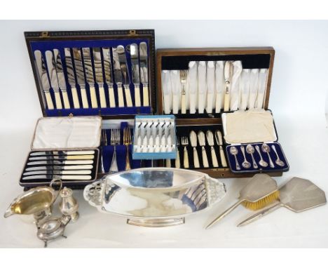 PAIR OF ELIZABETH II SILVER SQUAT CANDLESTICKS
Birmingham 1983, together with a selection of silver plate including a cased s