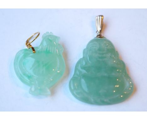 TWO CARVED JADE PENDANTS
one in the form of a Buddha, the other in the form of a chicken (2)