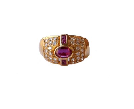 RUBY AND DIAMOND COCKTAIL RING 
the central ruby approximately 0.7cts, set in eighteen carat gold, ring size M