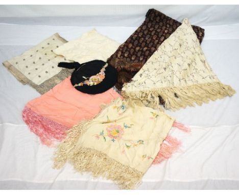 SIX VINTAGE SHAWLS
of various size and design, Paisley pattern print and silk embroidered noted, and an embroidered bag (7)