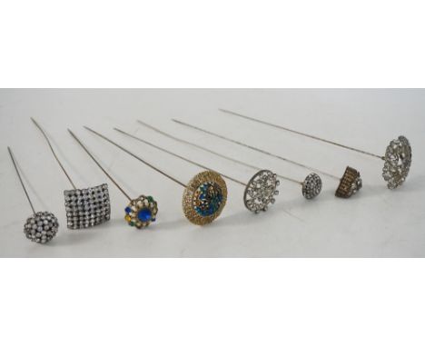 SELECTION OF EIGHT VICTORIAN PASTE SET HAT PINS
of various colours and designs