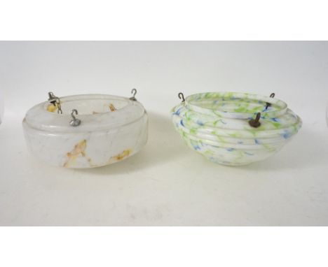 TWO GLASS CEILING LIGHT SHADES
both circular with suspension hooks, one of tapering form, the white ground with blue and gree