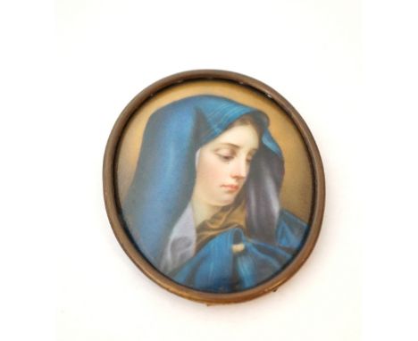 19th CENTURY PORTRAIT MINIATURE
of a young lady wearing a blue headscarf, on porcelain, 6.5cm x 5.3cm, in oval frame  