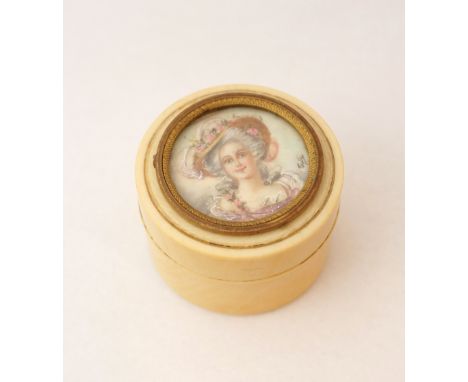 IVORY CIRCULAR PILL BOX
the lid inset with portrait miniature of a lady wearing hat, signed 'Cetta', the box 3cm high and 4.3