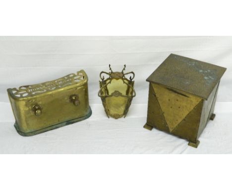 EARLY 20th CENTURY BRASS FIRE INSERT
with pierced decoration and the wording 'Home Sweet Home', ornate brass light shade with