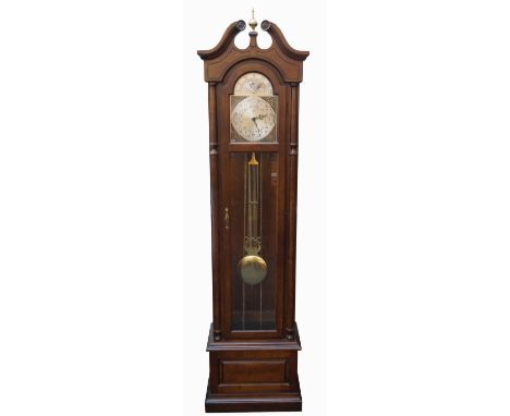 RIDGEWAY MAHOGANY 30 HOUR LONGCASE CLOCK
with a broken swan neck pediment with a central brass finial, the full length arch g