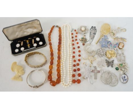 COLLECTION OF COSTUME JEWELLERY
including a cased set of mother of pearl decorated rolled gold buttons and cufflinks, various