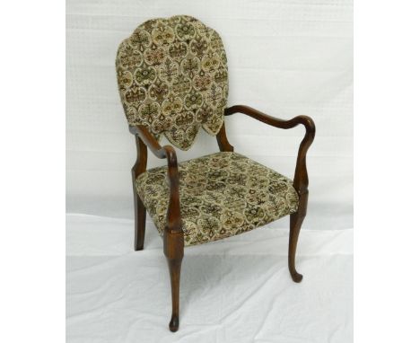 BEECH FRAMED ELBOW CHAIR
with shaped tapestry back and seat, on shaped front legs