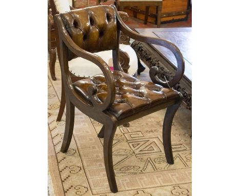 LIBRARY ARMCHAIRS, a pair, George III style with button upholstered backs and scroll arms, 52cm W. (2)