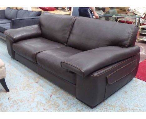 ROCHE BOBOIS SOFA, brown leather with side pockets, 226cm L x 107cm D x 80cm H.