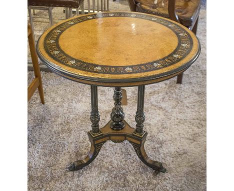 LAMP/CENTRE TABLE, Victorian amboyna and ebonised circular marquetry banded on an incised gilded support with finial in manne