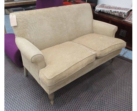 OKA SOFA, two seater, in beige ribbed fabric on turned supports, 151cm L.