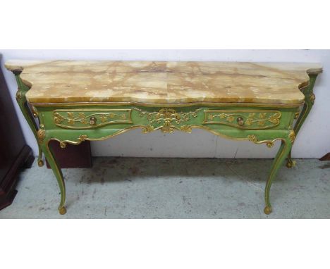 CONSOLE TABLE, 19th century Italian green painted and parcel gilt with sienna marble top above a pair of drawers, 84cm H x 20