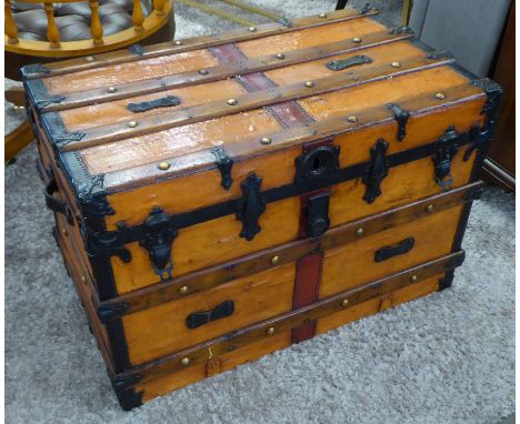 TRUNK, late 19th/early 20th century painted canvas, ash, brass and iron bound with hinged top and leather side handles, 58cm 