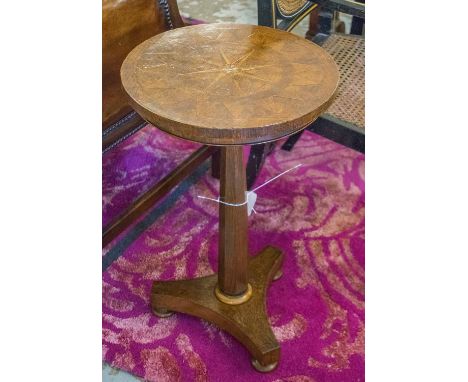 LAMP TABLE, Regency oak, pollard oak and holly with circular parquetry and star burst inset top, graduated faceted column and