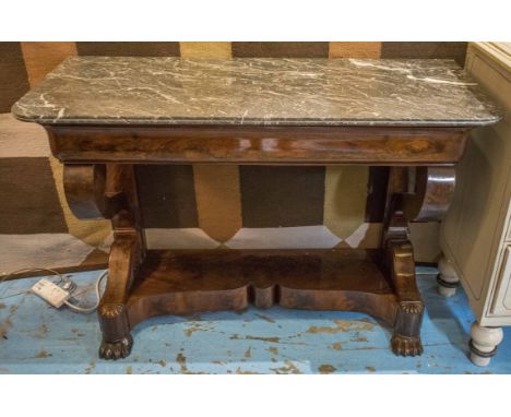 CONSOLE TABLE, 19th century French Louis Philippe flame mahogany with grey St Annes marble top with frieze drawer, shaped und