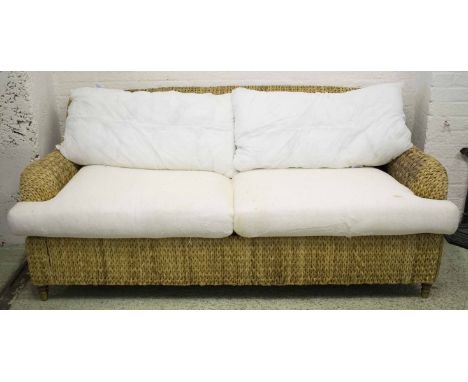 SEAGRASS SOFA/BENCH, woven seagrass with rounded arms and cushions, 186cm W.