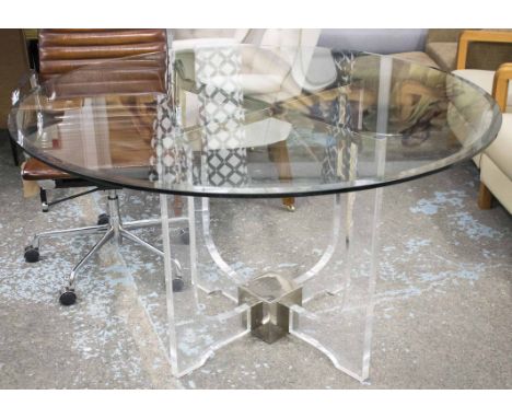 DINING TABLE, 1970's circular plate bevelled glass on a lucite and silvered frame, 140cm Diam x 73cm H. 