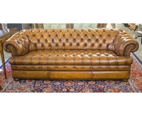 CHESTERFIELD SOFA, Victorian style hand finished and brass studded leaf brown leather with curved deep button upholstered bac