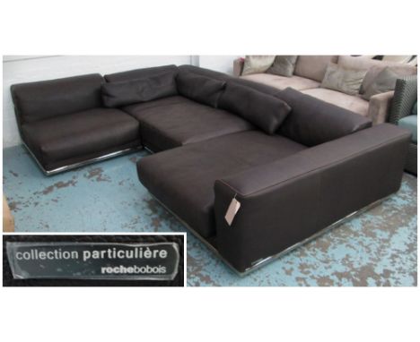 ROCHE BOBOIS CORNER SOFA, brown leather in three sections, bears plaque 'Collections Particuliere', 215cm D x 300cm L x 65cm 
