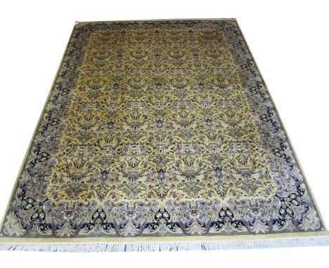 MAHAL PERSIAN ART DECO INSPIRED CARPET, 370cm x 275cm, the repeating floral motifs of jade, gold and rose on a creme anglais 